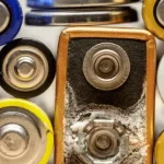 Corrosion on leaking alkaline battery terminals mixed with dry cells for e-waste recycling.