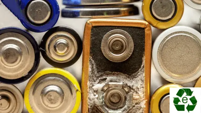 Corrosion on leaking alkaline battery terminals mixed with dry cells for e-waste recycling.