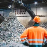 An operator managing bulk shredded electronic waste material at an authorized industrial e-waste recycling plant