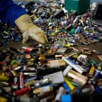 Warehouse worker manually sorting massive quantities of mixed household and industrial battery waste for recycling.
