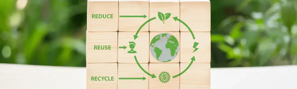 Circular economy concept showing reduce, reuse, and recycle principles with eco-friendly icons and a globe representing sustainable e-waste recycling and environmental conservation.
