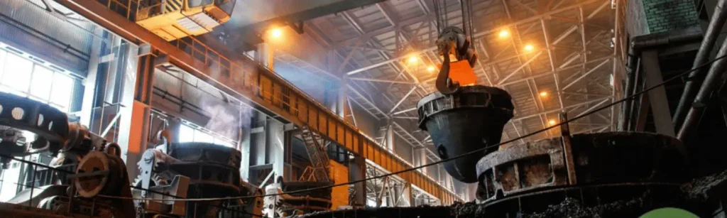Industrial battery recycling and metal extraction facility showing a heavy crane lifting a crucible in a smelting plant by Urban Eco Recyclers