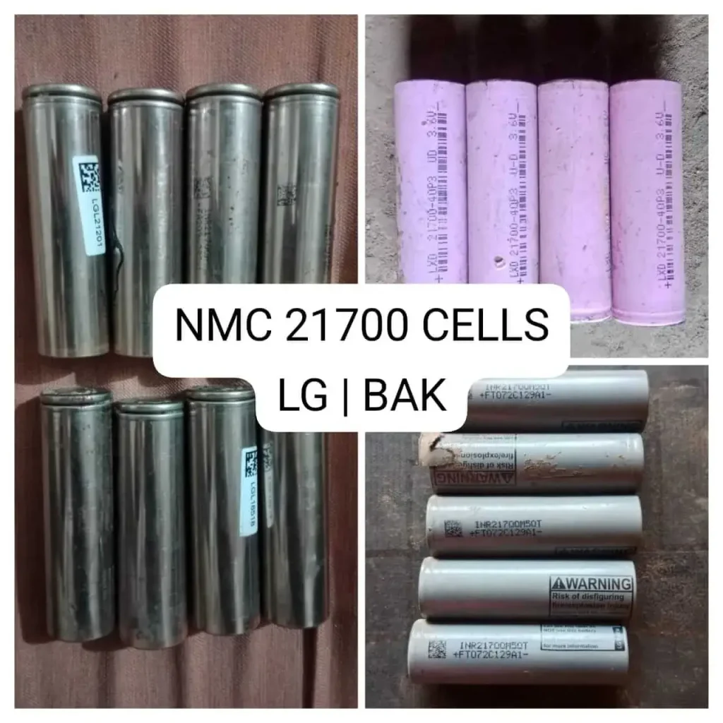 Disassembled INR 21700 electric vehicle battery cell scrap ready for safe disposal.