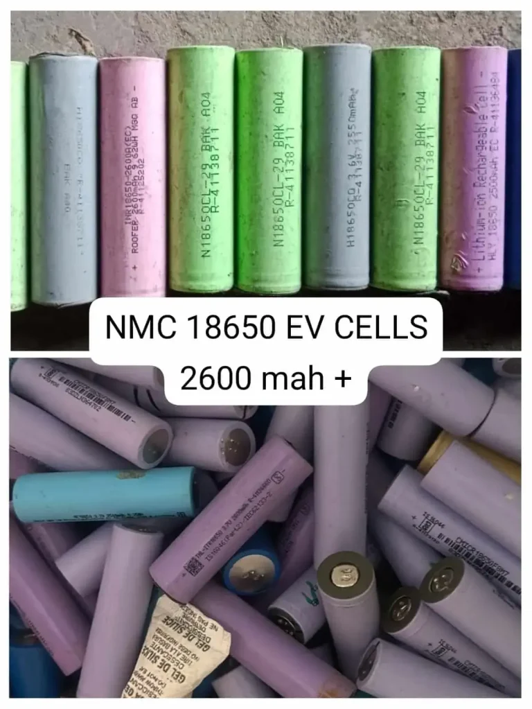 Bulk NMC 18650 lithium-ion EV battery cells collected for recycling in India.