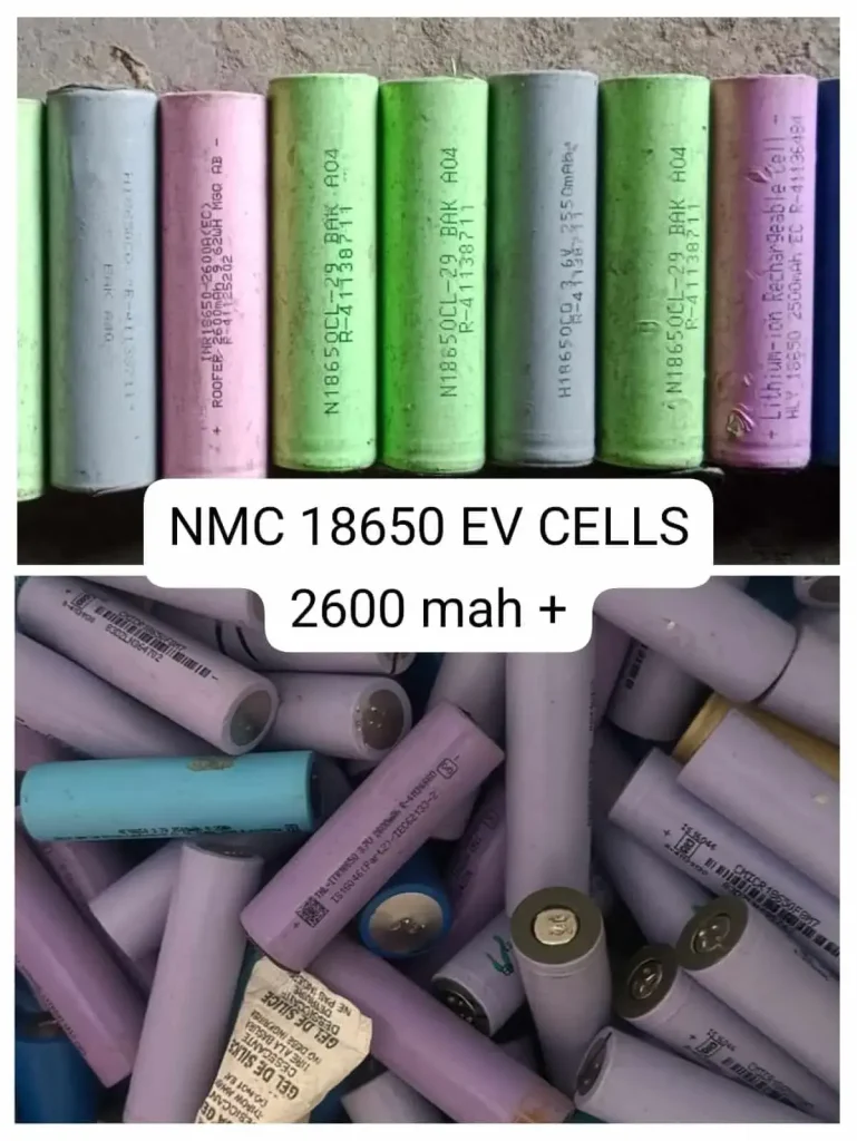 Bulk NMC 18650 lithium-ion EV battery cells collected for recycling in India.