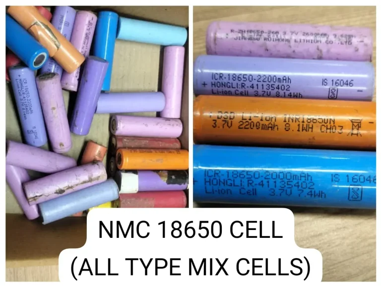 Scrap NMC 18650 lithium-ion battery cells collected for recycling.
