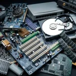 Close-up of green electronic scrap motherboards and printed circuit boards (PCBs) prepared for precious metal recovery.
